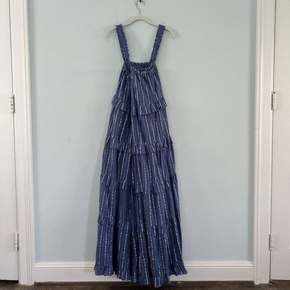 NWT Bindu Melita Navy Blue Metallic Stripe Cotton Maxi Dress - Picture 3 of 6